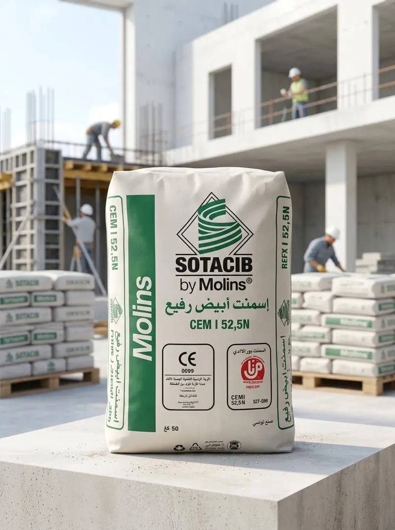 عبوة أسمنت سوتاسيب الأبيض، CEM I 52.5 N، وزن 50 كجم